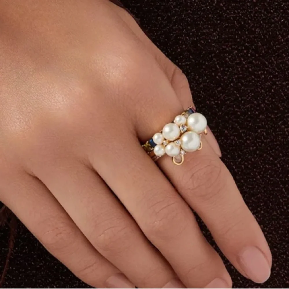 Kate Spade rain or shine stacking Goldtone Ring Set with Pearl & Crystals Size 7